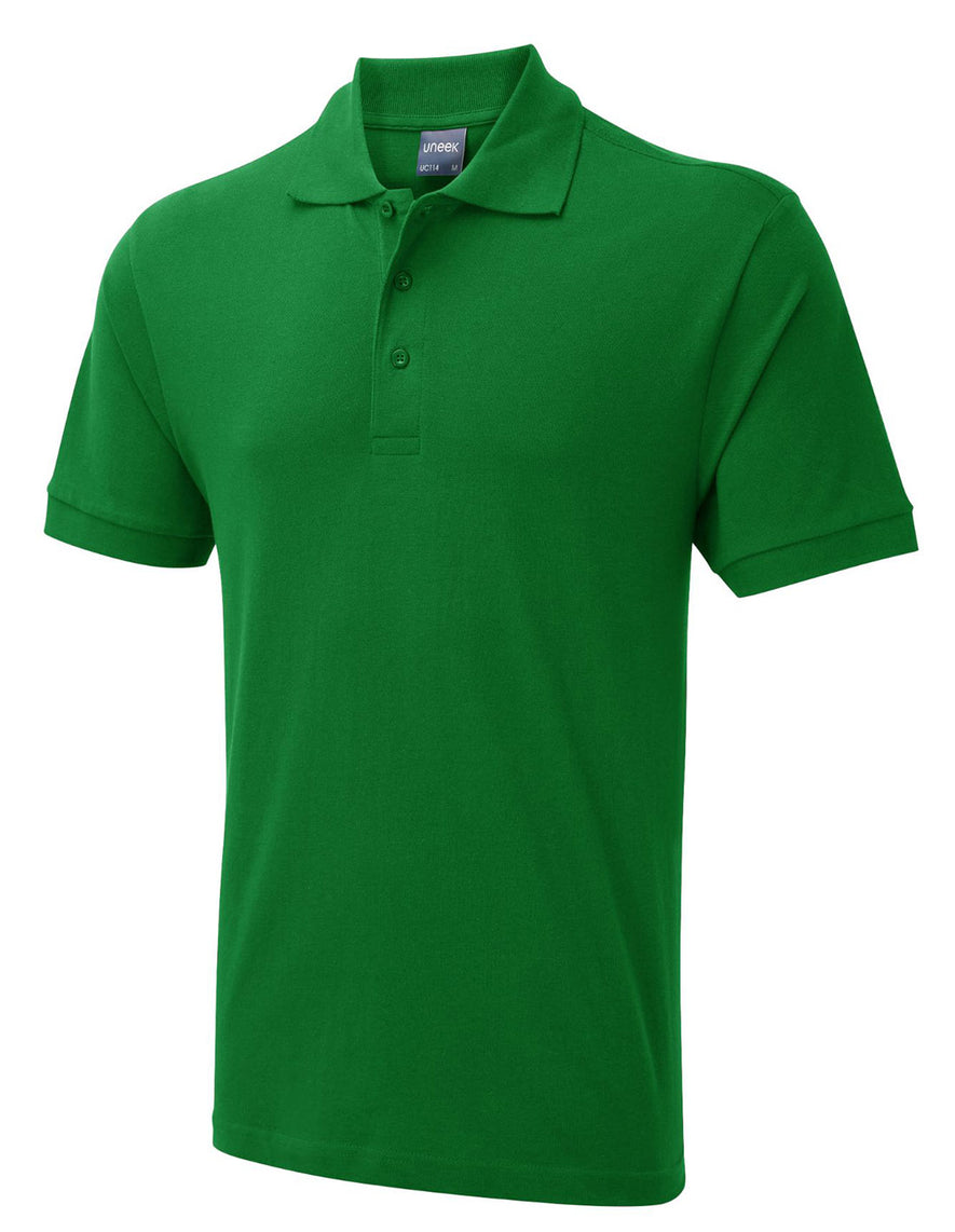 Uneek Clothing UC114 180GSM Men's Polo Shirt with short sleeves, collar and three button plackett in kelly green.