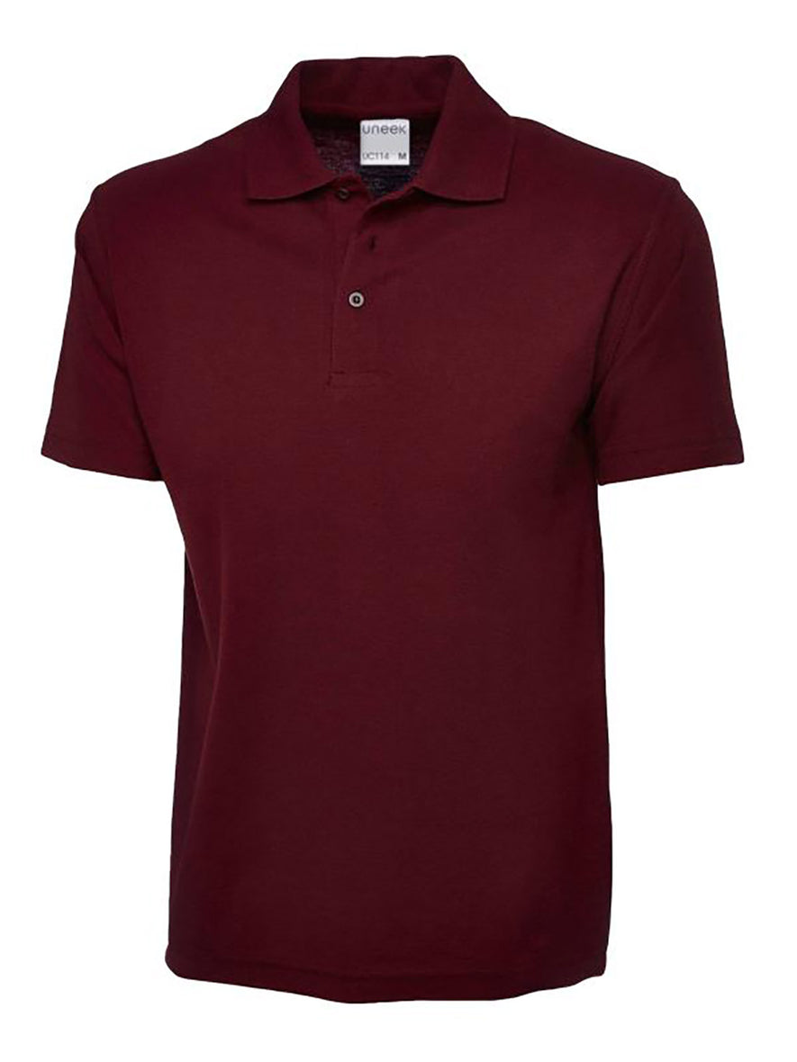 Uneek Clothing UC114 180GSM Men's Polo Shirt with short sleeves, collar and three button plackett in maroon.