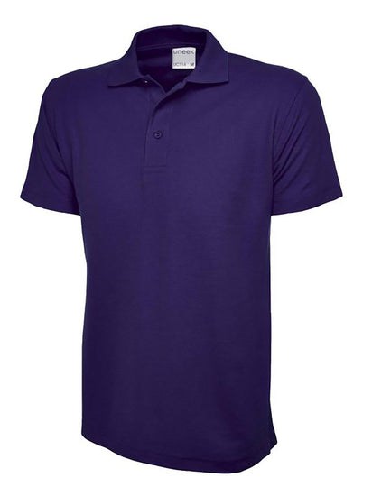 Uneek Clothing UC114 180GSM Men's Polo Shirt with short sleeves, collar and three button plackett in purple.