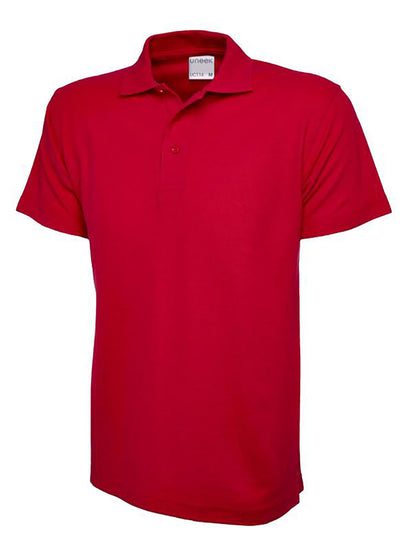 Uneek Clothing UC114 180GSM Men's Polo Shirt with short sleeves, collar and three button plackett in red.