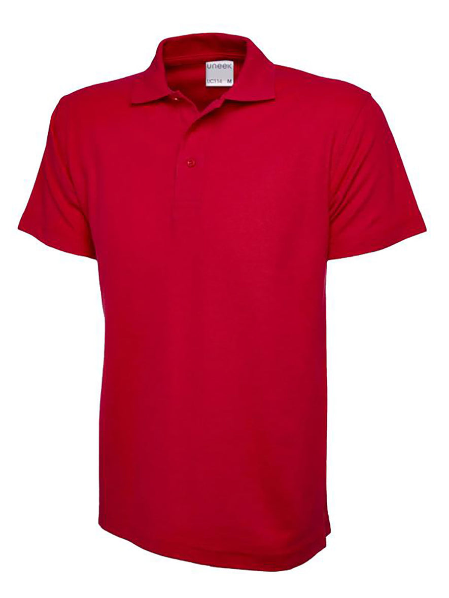 Uneek Clothing UC114 180GSM Men's Polo Shirt with short sleeves, collar and three button plackett in red.