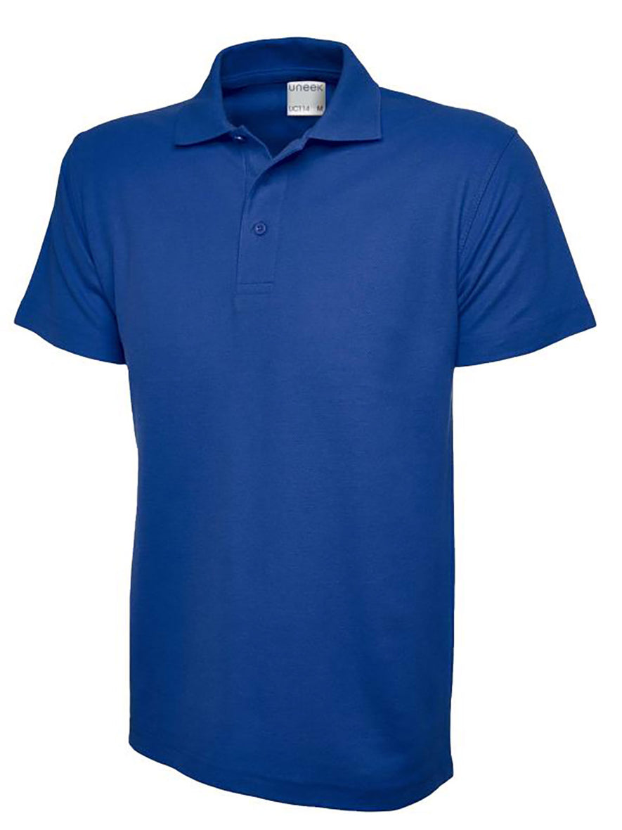 Uneek Clothing UC114 180GSM Men's Polo Shirt with short sleeves, collar and three button plackett in royal blue.