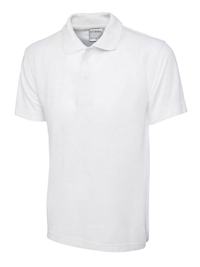 Uneek Clothing UC114 180GSM Men's Polo Shirt with short sleeves, collar and three button plackett in white.