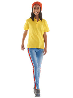 Person wearing Uneek Clothing UC116 180GSM Children's Polo Shirt with short sleeves, collar and three button plackett in yellow.