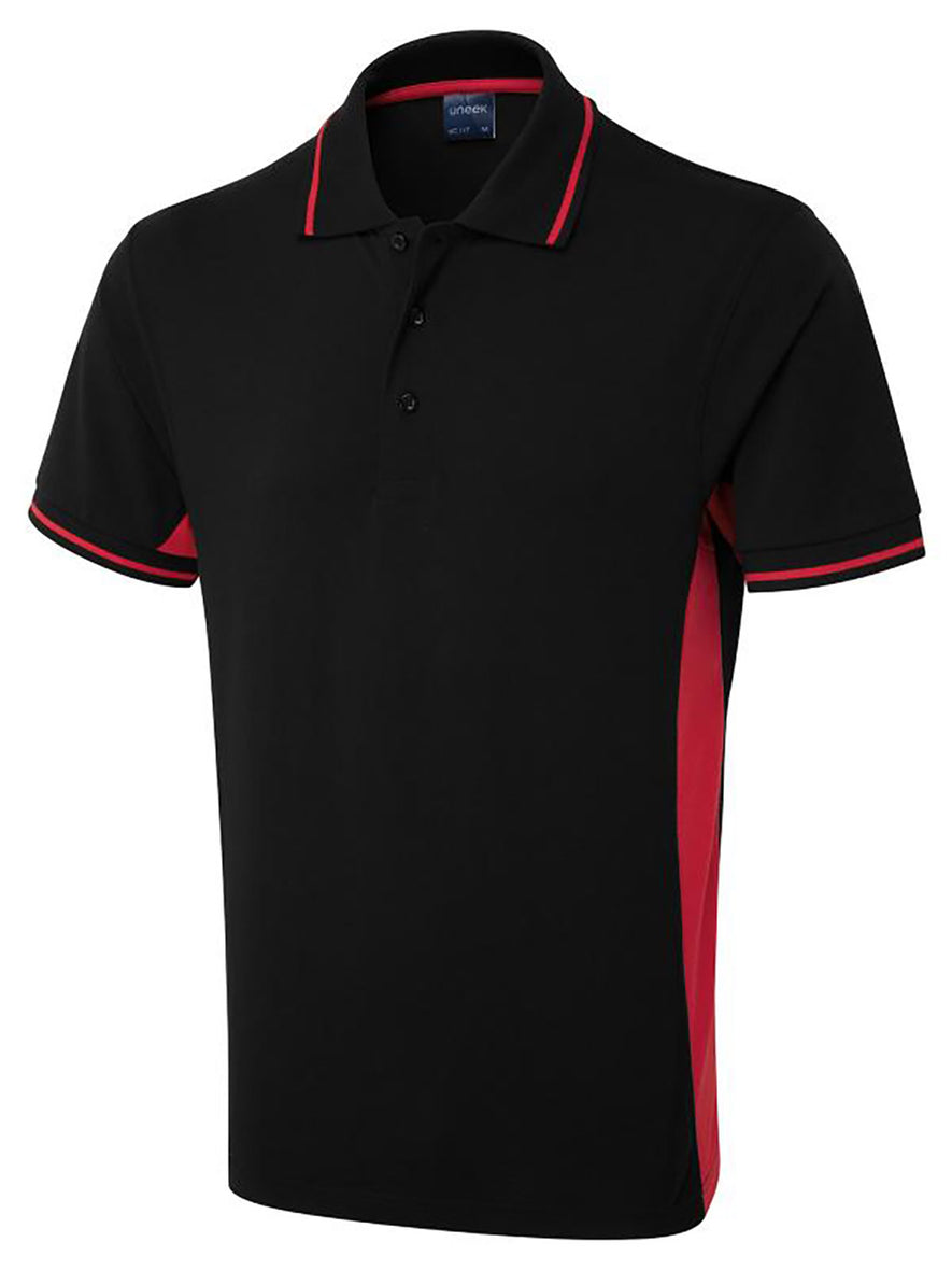 Uneek Clothing UC117 200 GSM Two Tone Polo Shirt in black with short sleeves, collar and three button plackett and red panels on sides, inside of collar and sleeves.