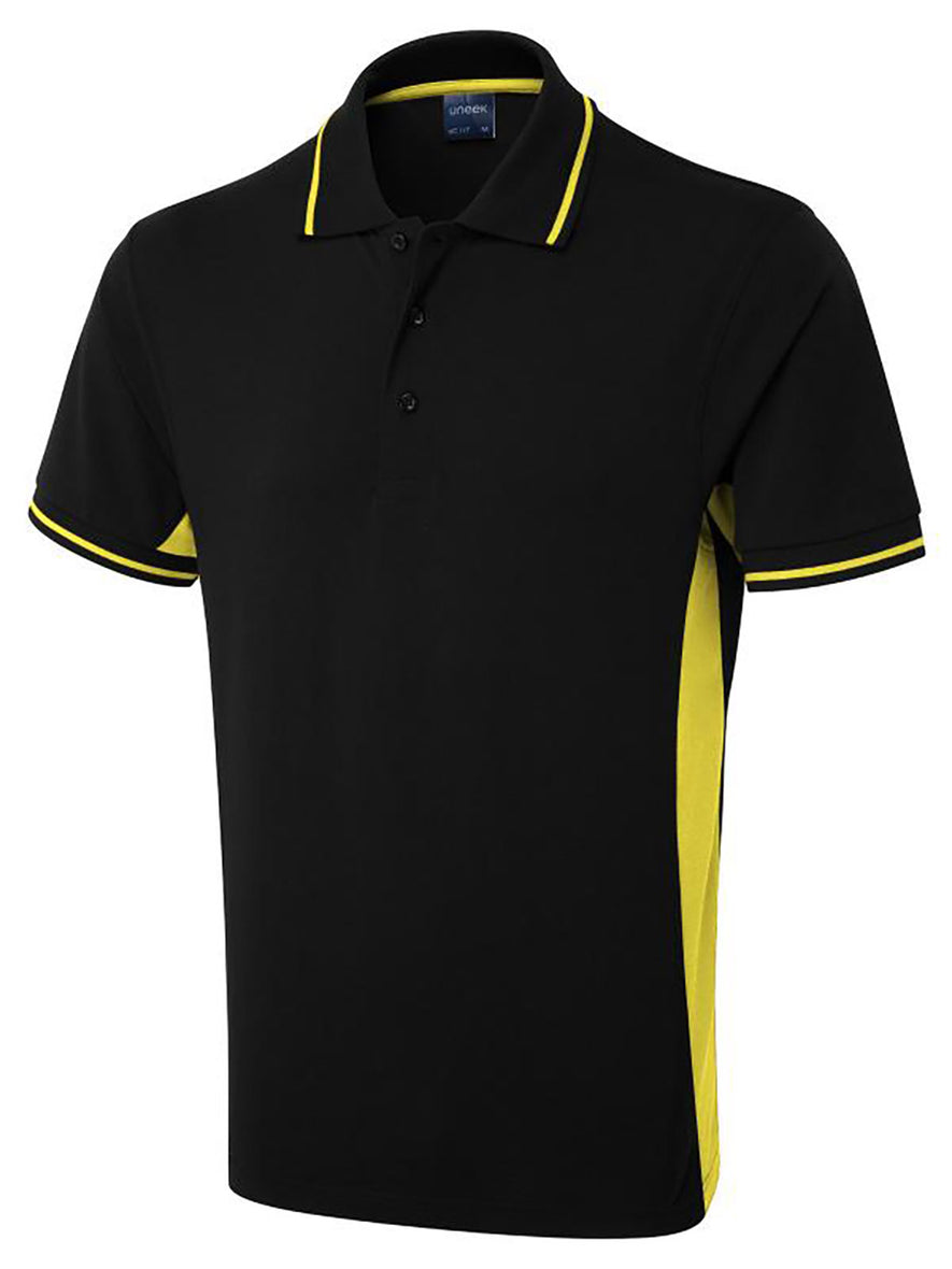 Uneek Clothing UC117 200 GSM Two Tone Polo Shirt in black with short sleeves, collar and three button plackett and yellow panels on sides, inside of collar and sleeves.