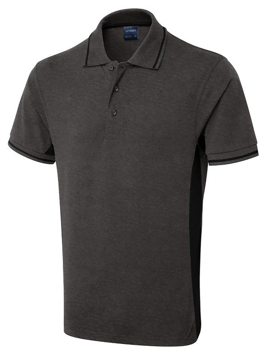 Uneek Clothing UC117 200 GSM Two Tone Polo Shirt in charcoal with short sleeves, collar and three button plackett and black panels on sides, inside of collar and sleeves.