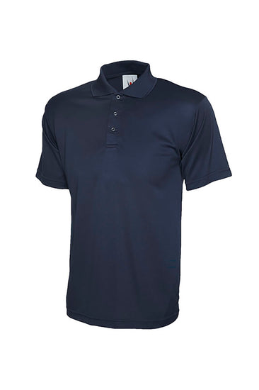 Uneek Clothing UC121 200GSM Processable Poloshirt in navy with short sleeves, collar and three popper plackett.