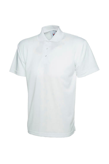 Uneek Clothing UC121 200GSM Processable Poloshirt in white with short sleeves, collar and three popper plackett.