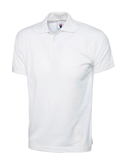 Uneek Clothing UC122 200GSM Jersey Poloshirt in white with short sleeves, collar and two button plackett.