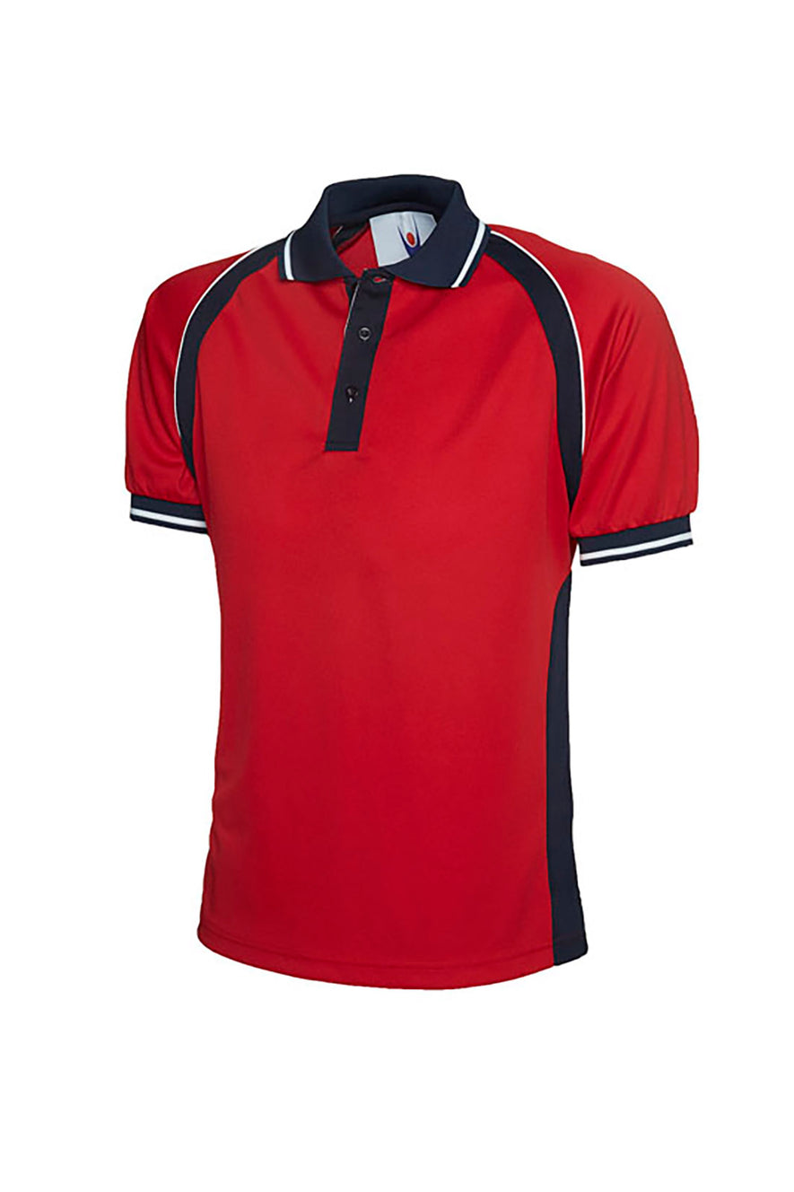 Uneek Clothing UC123 Sports Poloshirt in red with short sleeves, collar and three button plackett and black and white panels on bottom of sleeves, shoulders, collar, plackett.