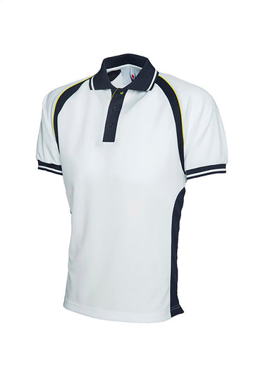 Uneek Clothing UC123 Sports Poloshirt in white with short sleeves, collar and three button plackett and navy and yellow panels on bottom of sleeves, shoulders, collar, plackett.