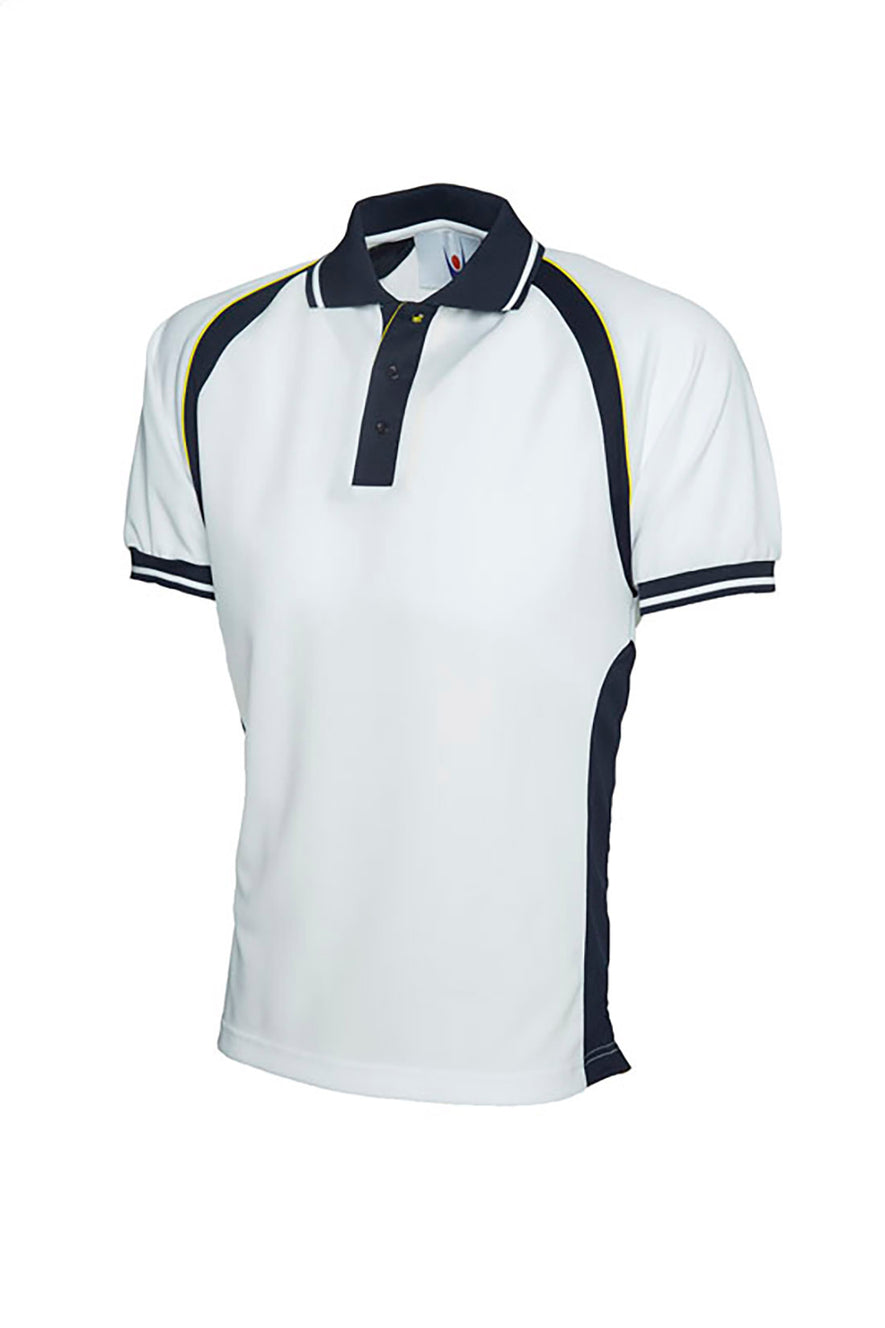 Uneek Clothing UC123 Sports Poloshirt in white with short sleeves, collar and three button plackett and navy and yellow panels on bottom of sleeves, shoulders, collar, plackett.