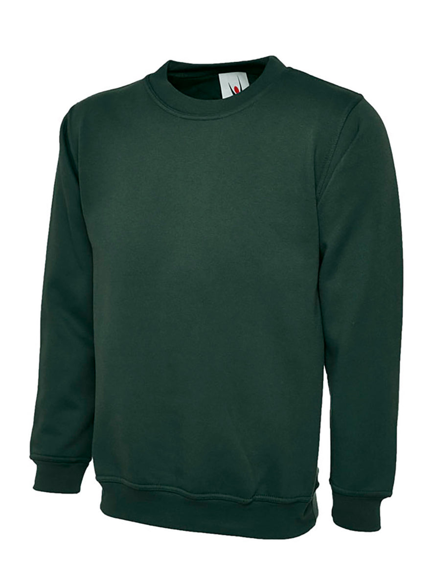 Uneek Clothing UC201 350GSM Premium Sweatshirt long sleeves and round neck in bottle green with elasticated bottom.