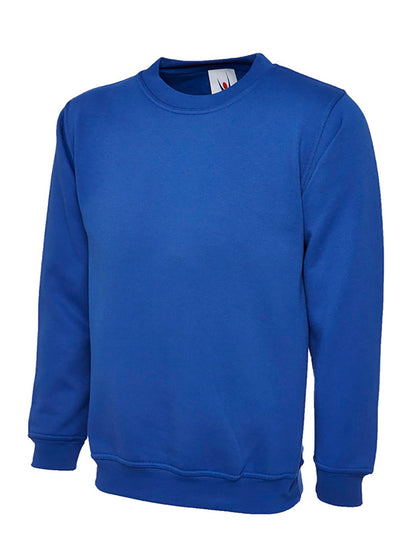 Uneek Clothing UC201 350GSM Premium Sweatshirt long sleeves and round neck in royal blue with elasticated bottom.