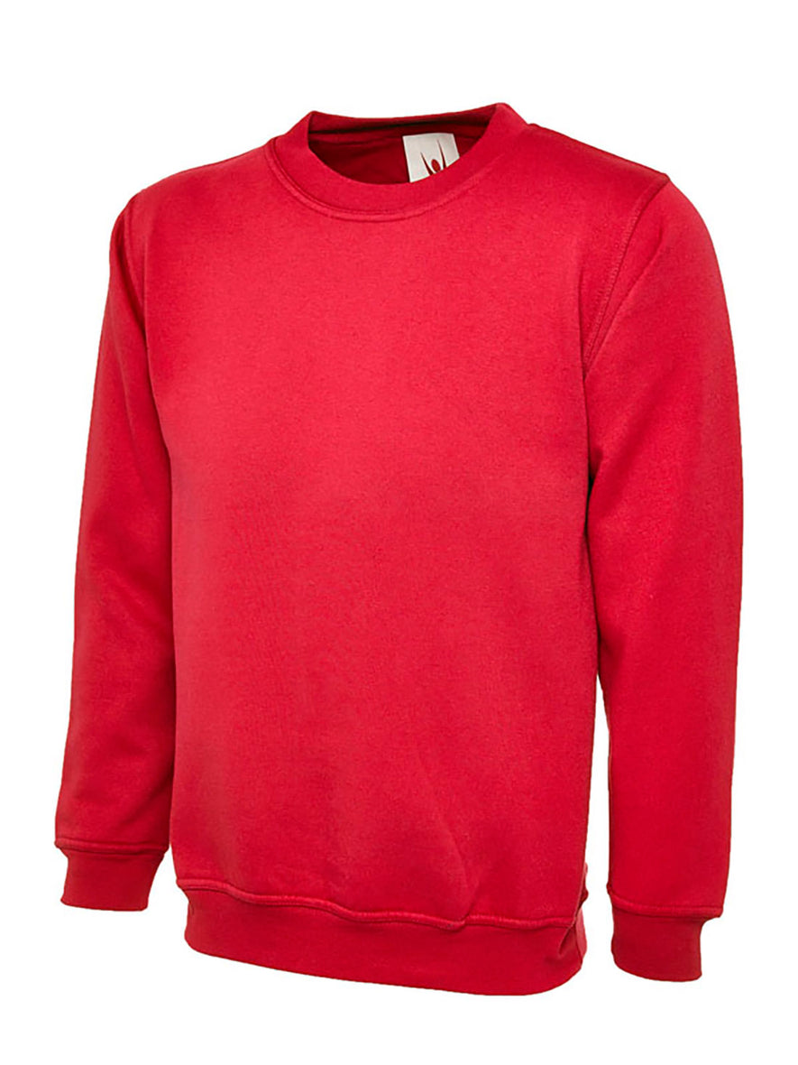Uneek Clothing UC202 300GSM Childrens Sweatshirt long sleeves and round neck in red with elasticated bottom.