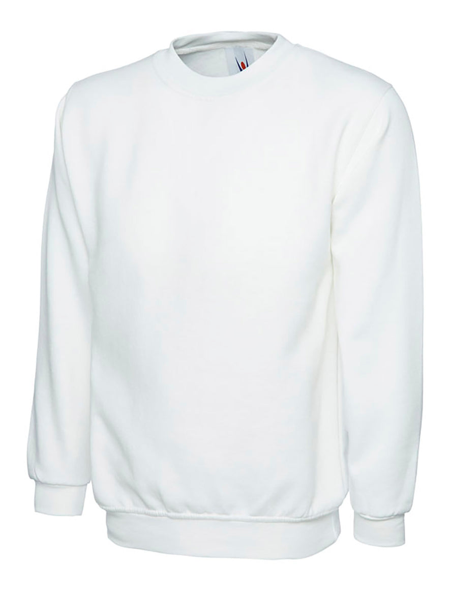 Uneek Clothing UX7 The UX Children's Sweatshirt in white with long sleeves, crew neck and elasticated wrists and bottom.