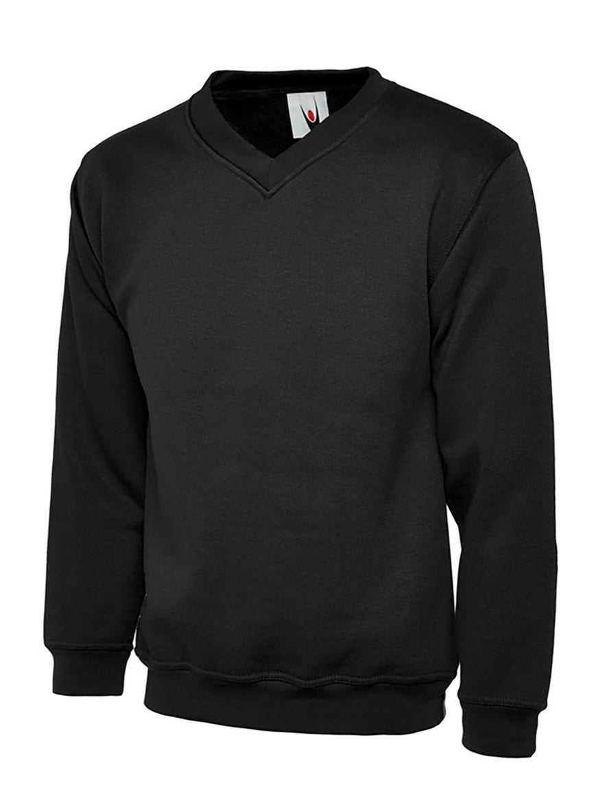 Uneek Clothing UC206 300GSM Childrens V Neck Sweatshirt long sleeves and round neck in black with elasticated bottom.