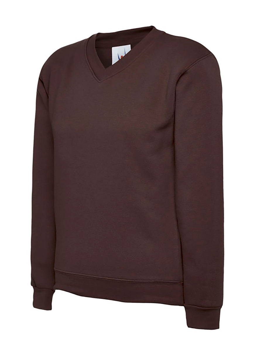 Uneek Clothing UC206 300GSM Childrens V Neck Sweatshirt long sleeves and round neck in brown with elasticated bottom.