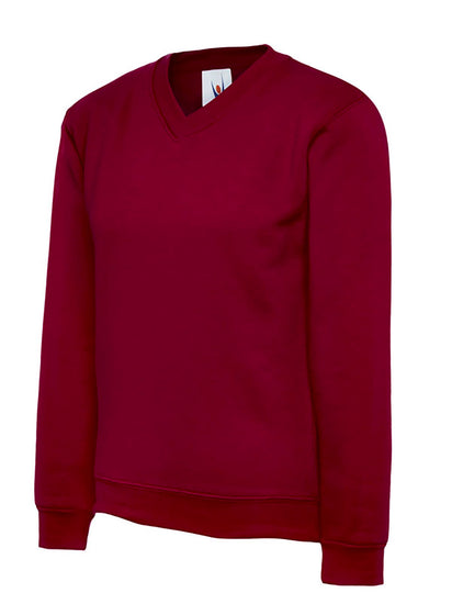 Uneek Clothing UC206 300GSM Childrens V Neck Sweatshirt long sleeves and round neck in maroon with elasticated bottom.