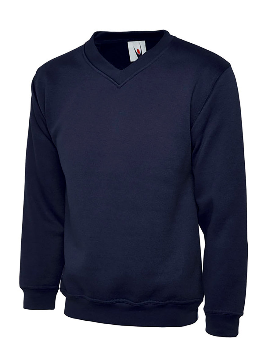 Uneek Clothing UC206 300GSM Childrens V Neck Sweatshirt long sleeves and round neck in navy with elasticated bottom.