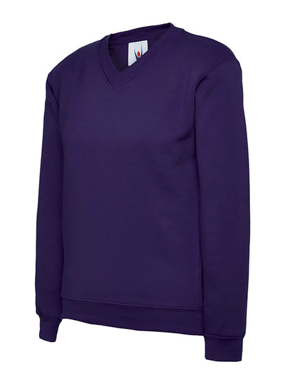 Uneek Clothing UC206 300GSM Childrens V Neck Sweatshirt long sleeves and round neck in purple with elasticated bottom.