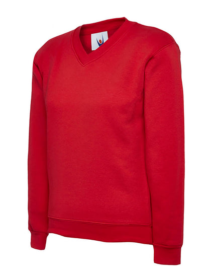 Uneek Clothing UC206 300GSM Childrens V Neck Sweatshirt long sleeves and round neck in red with elasticated bottom.