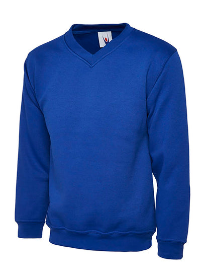 Uneek Clothing UC206 300GSM Childrens V Neck Sweatshirt long sleeves and round neck in royal blue with elasticated bottom.