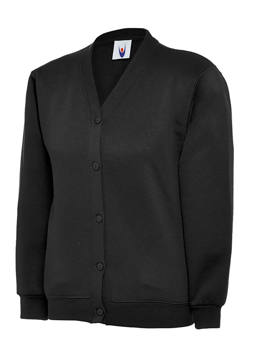 Uneek Clothing UC207 -300GSM Childrens Cardigan long sleeve in black with buttons on front and elasticated bottom and wrists. 