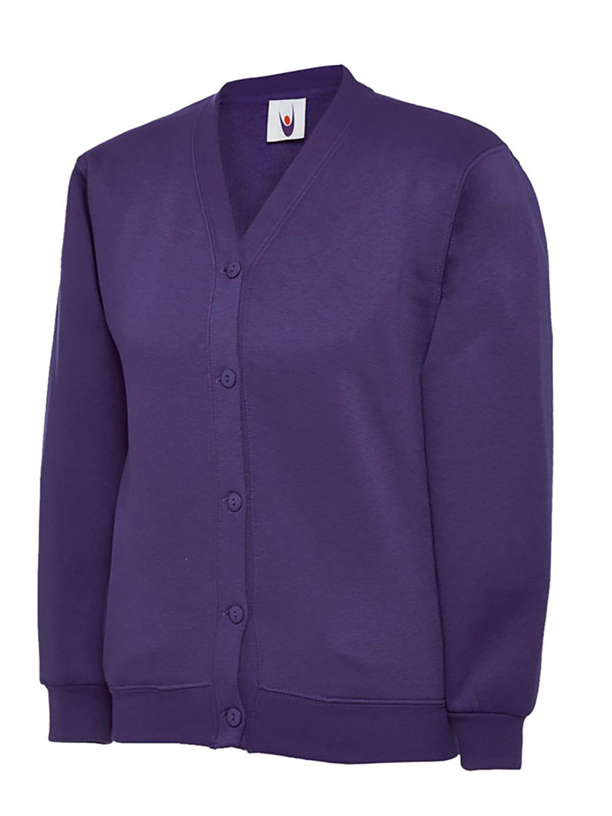 Uneek Clothing UC207 -300GSM Childrens Cardigan long sleeve in purple with buttons on front and elasticated bottom and wrists. 