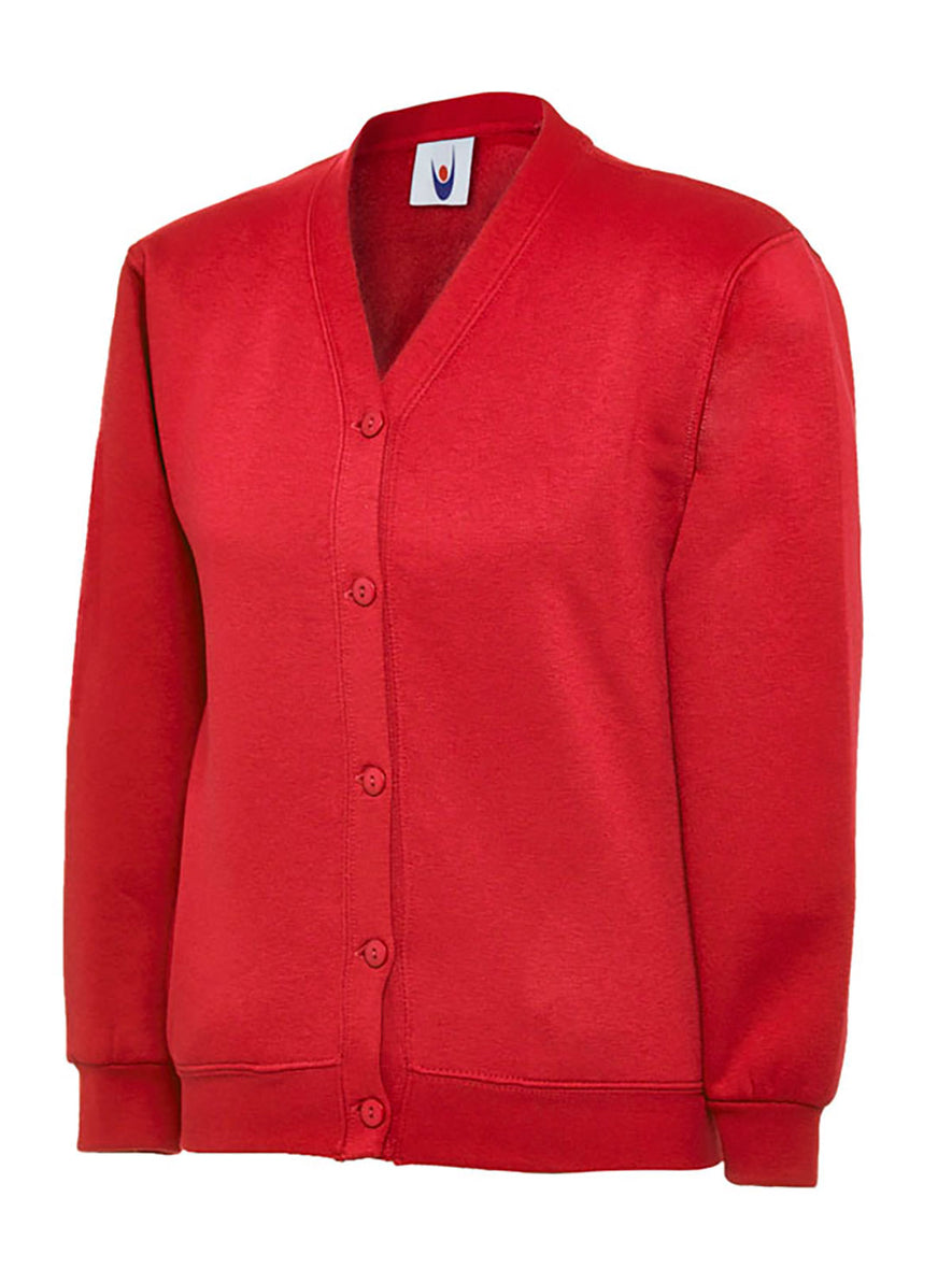 Uneek Clothing UC207 -300GSM Childrens Cardigan long sleeve in red with buttons on front and elasticated bottom and wrists. 