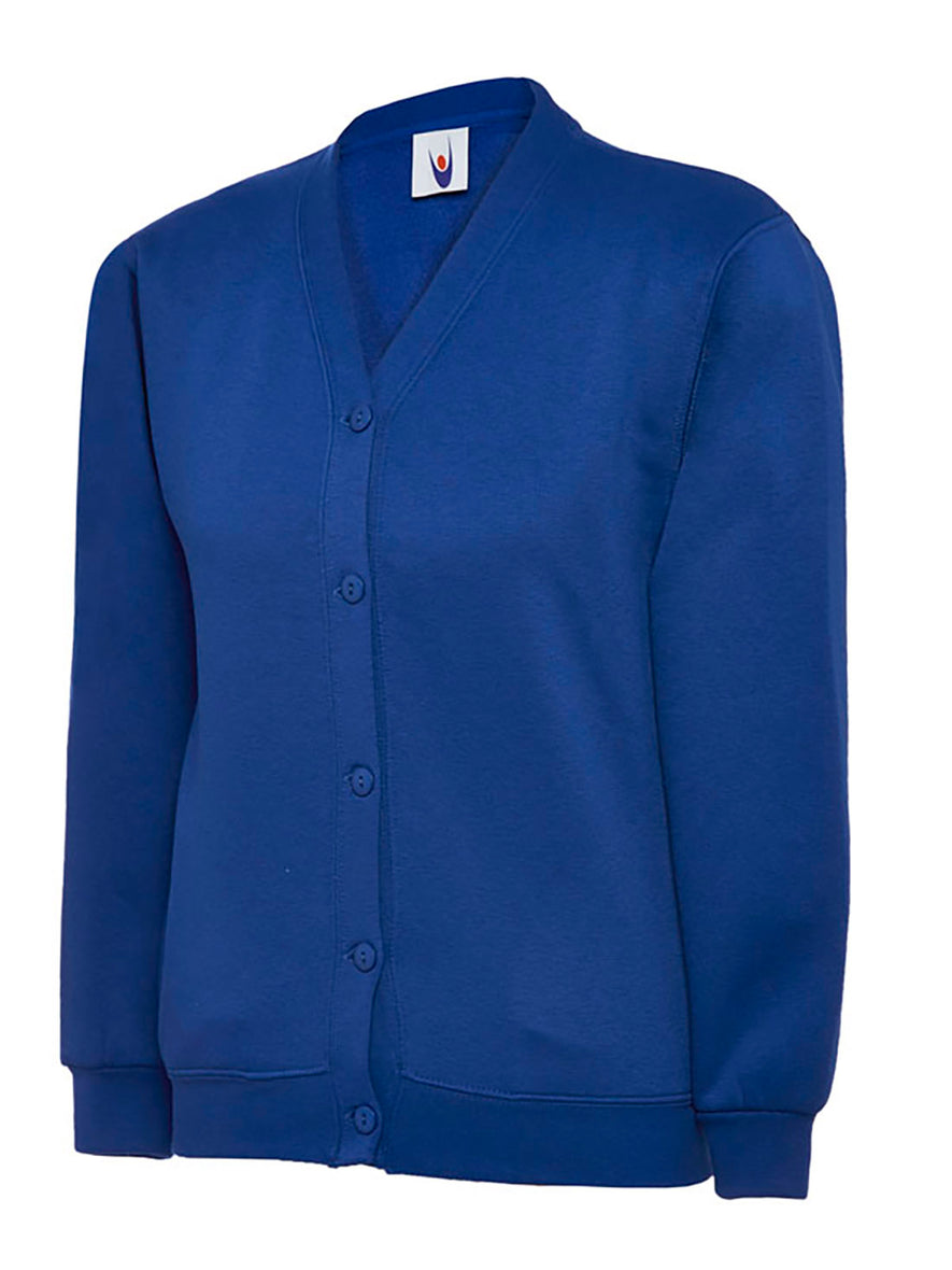 Uneek Clothing UC207 -300GSM Childrens Cardigan long sleeve in royal blue with buttons on front and elasticated bottom and wrists. 