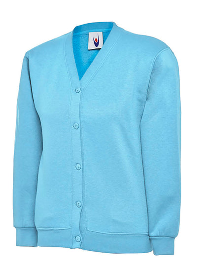 Uneek Clothing UC207 -300GSM Childrens Cardigan long sleeve in sky blue with buttons on front and elasticated bottom and wrists. 