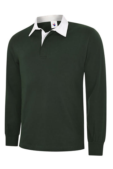 Uneek Clothing UC402 - 280GSM Classic Rugby Shirt long sleeve in bottle green with plackett and white collar.