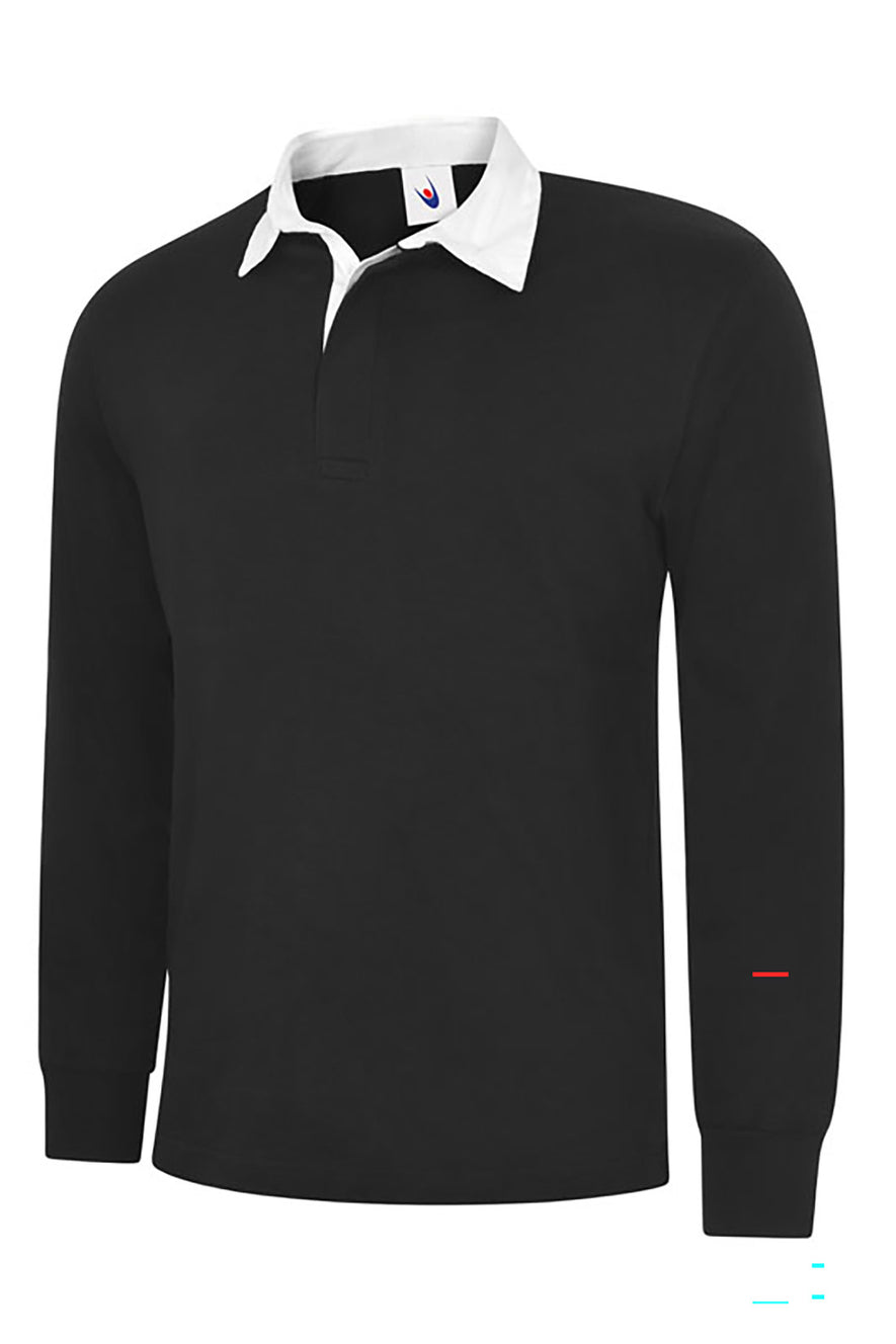 Uneek Clothing UC402 - 280GSM Classic Rugby Shirt long sleeve in black with plackett and white collar.