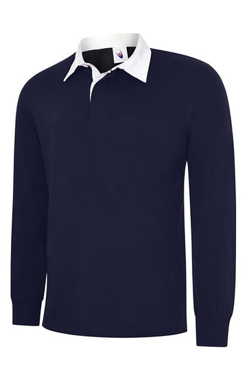 Uneek Clothing UC402 - 280GSM Classic Rugby Shirt long sleeve in navy with plackett and white collar.