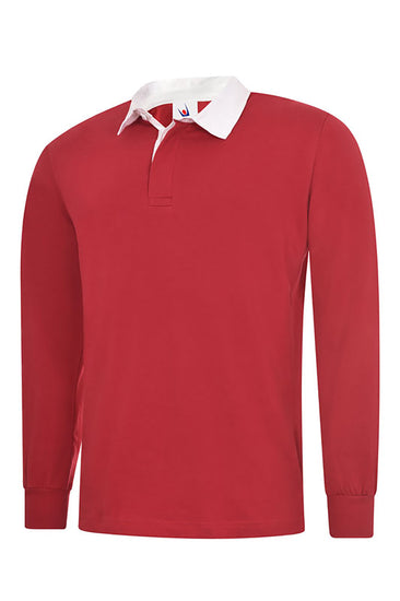 Uneek Clothing UC402 - 280GSM Classic Rugby Shirt long sleeve in red with plackett and white collar.