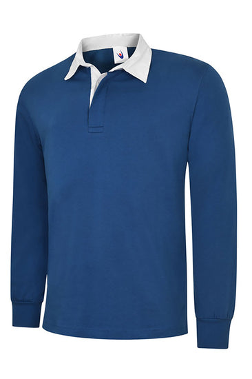 Uneek Clothing UC402 - 280GSM Classic Rugby Shirt long sleeve in royal blue with plackett and white collar.