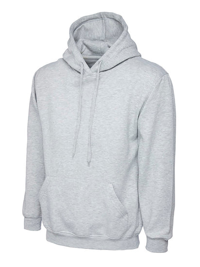 Uneek Clothing UC501 - 350GSM Premium Hooded Sweatshirt with hood in heather grey with front pocket and drawstring.