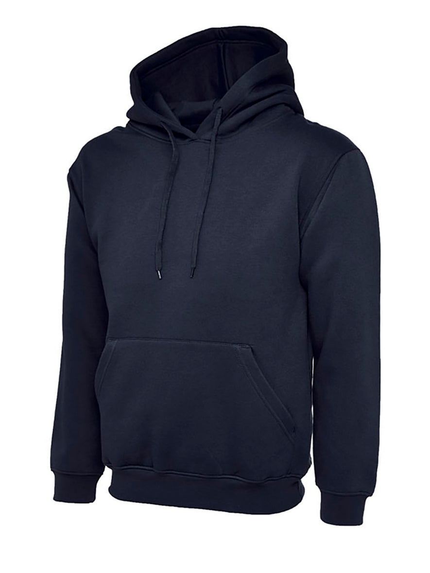 Uneek Clothing UC501 - 350GSM Premium Hooded Sweatshirt with hood in navy with front pocket and drawstring.