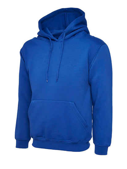 Uneek Clothing UC501 - 350GSM Premium Hooded Sweatshirt with hood in royal blue with front pocket and drawstring.