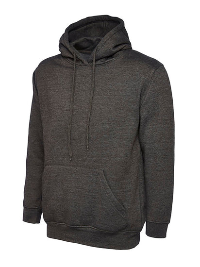 Uneek Clothing UC502 - 300GSM Classic Hooded Sweatshirt with hood in charcoal with front pocket and drawstring.