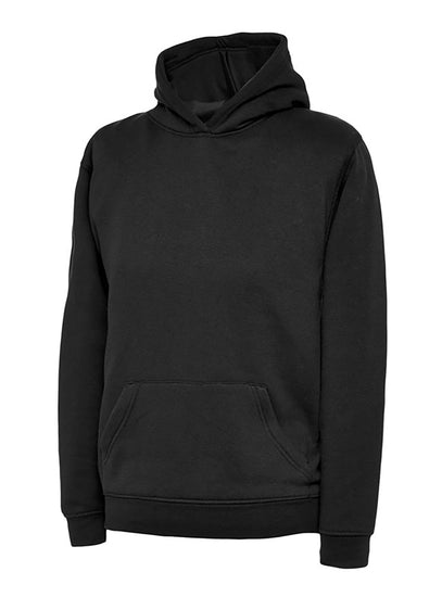 Uneek Clothing UC503 - 300GSM Childrens Hooded Sweatshirt with hood in black with front pocket.