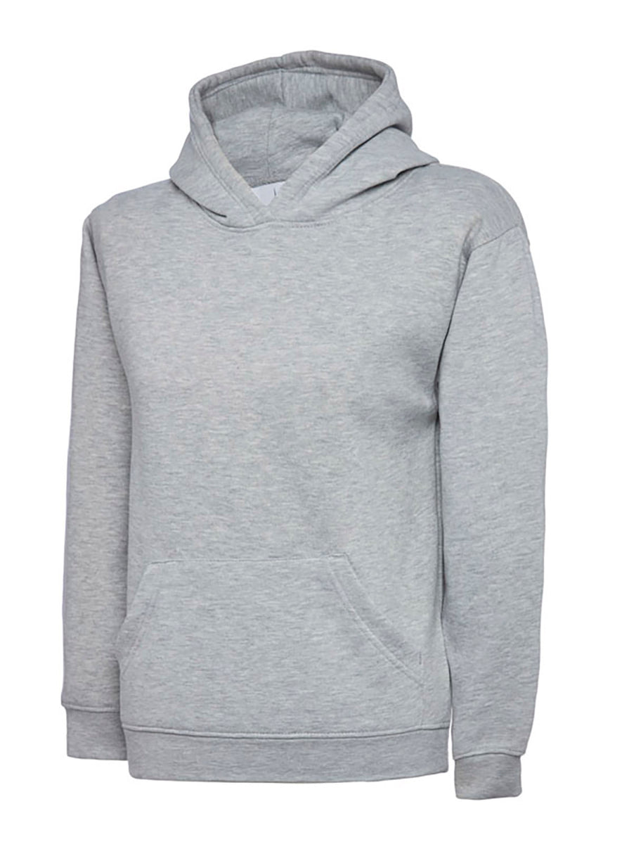 Uneek Clothing UC503 - 300GSM Childrens Hooded Sweatshirt with hood in heather grey with front pocket.