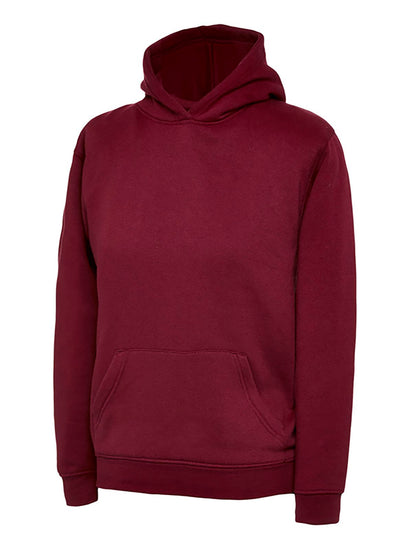 Uneek Clothing UC503 - 300GSM Childrens Hooded Sweatshirt with hood in maroon with front pocket.