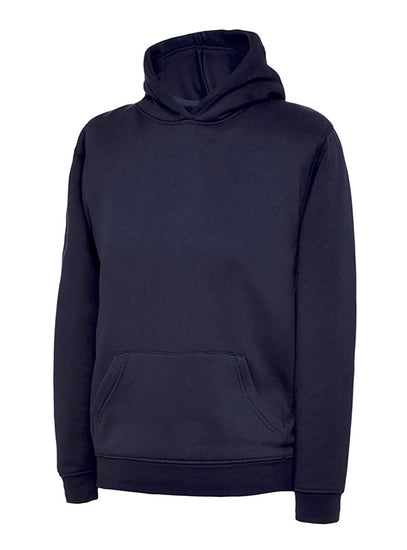 Uneek Clothing UC503 - 300GSM Childrens Hooded Sweatshirt with hood in navy with front pocket.