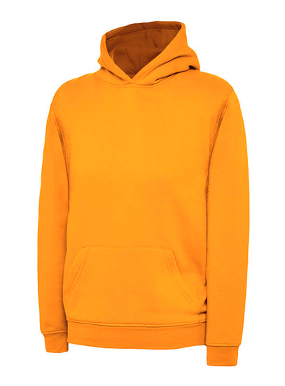 Uneek Clothing UC503 - 300GSM Childrens Hooded Sweatshirt with hood in orange with front pocket.