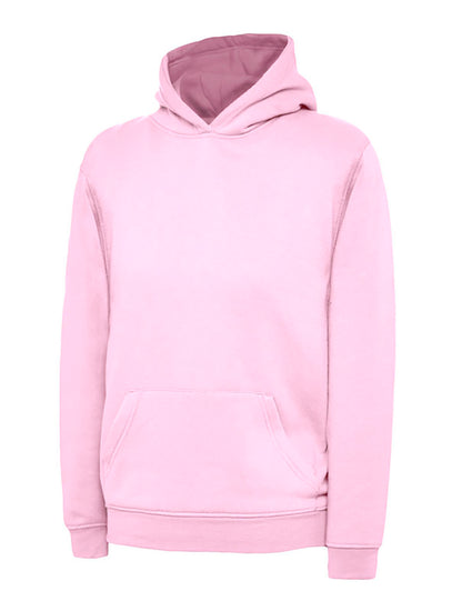 Uneek Clothing UC503 - 300GSM Childrens Hooded Sweatshirt with hood in pink with front pocket.