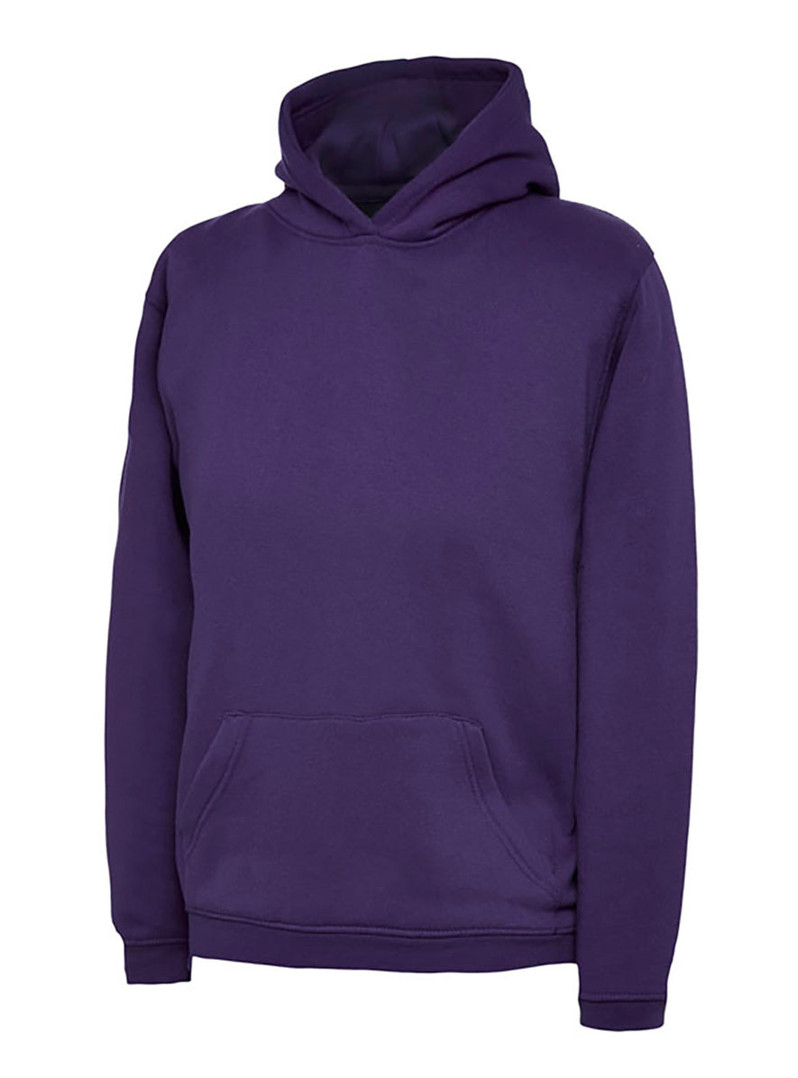 Uneek Clothing UC503 - 300GSM Childrens Hooded Sweatshirt with hood in purple with front pocket.