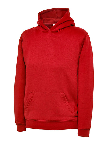 Uneek Clothing UC503 - 300GSM Childrens Hooded Sweatshirt with hood in red with front pocket.